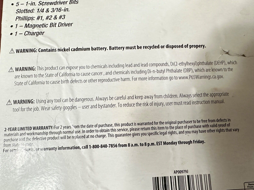 HYPER TOUGH 4.8-VOLT Cordless Screwdriver, Charger, Missing The Original Bits