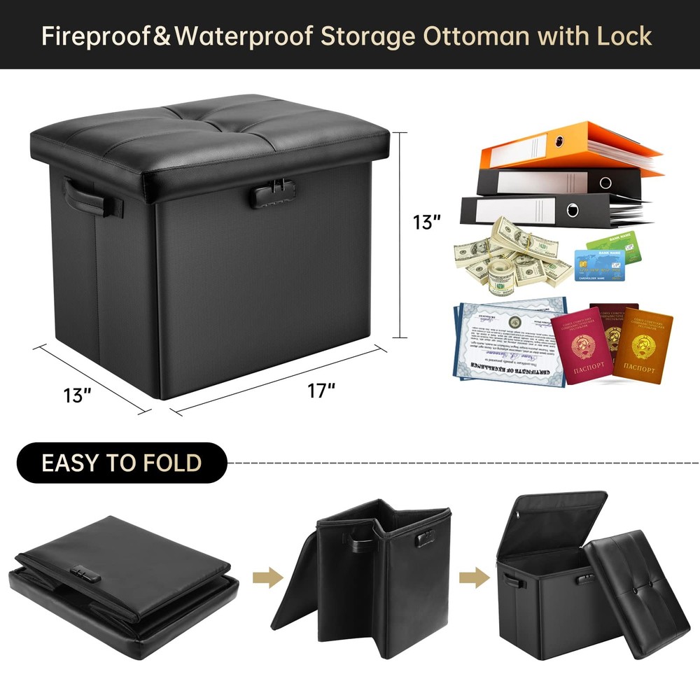 Foldable Foot Rest Ottoman, Lockable Storage For Valuables, Black