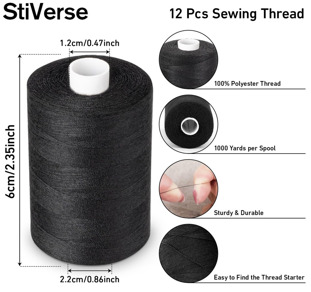StiVerse 12PCS Thread - 1000Yard Black All Purpose Sewing Machine Thread for