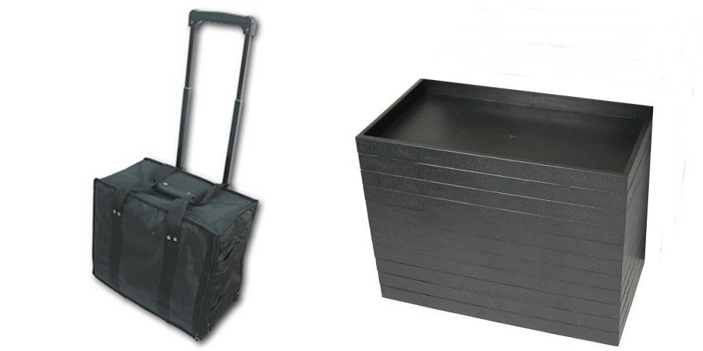 Premium Rolling Sales Display Travel Carrying Case & 12 Black Stackable Trays