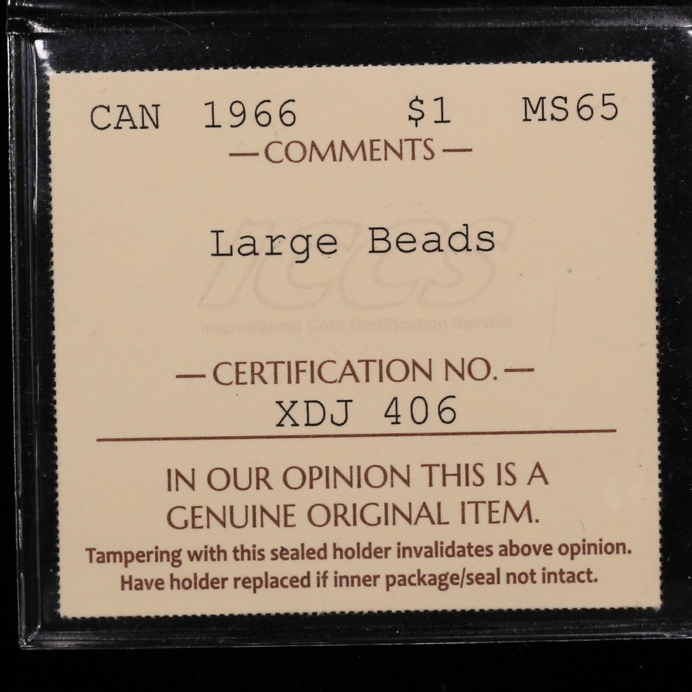 1966 $1 ICCS MS65 Large Beads Canada Silver Dollar Uncirculated Queen Elizabeth