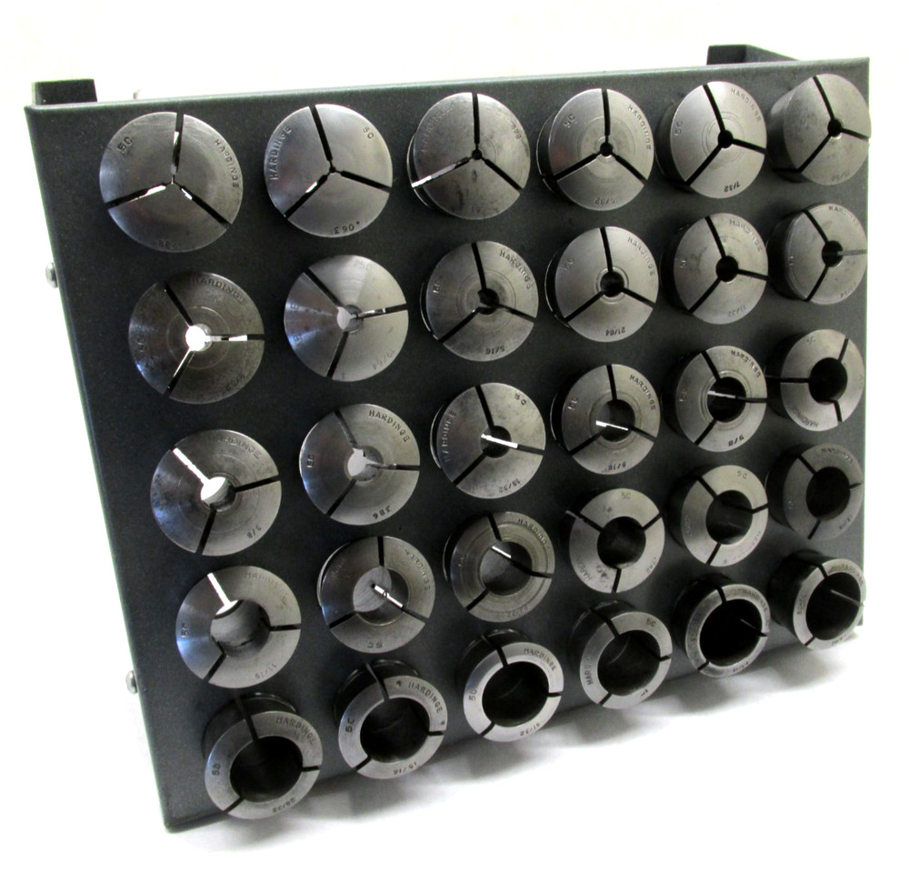 30 HARDINGE ASSORTED 5C ROUND COLLETS w/ RACK