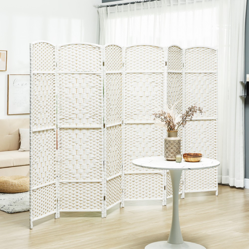 6 Panel Room Divider Hand-Woven Freestanding Partition, White