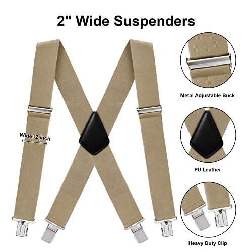 Mens Suspenders X-Back 2" Wide Adjustable Solid Straight 04 X-back (Khaki)