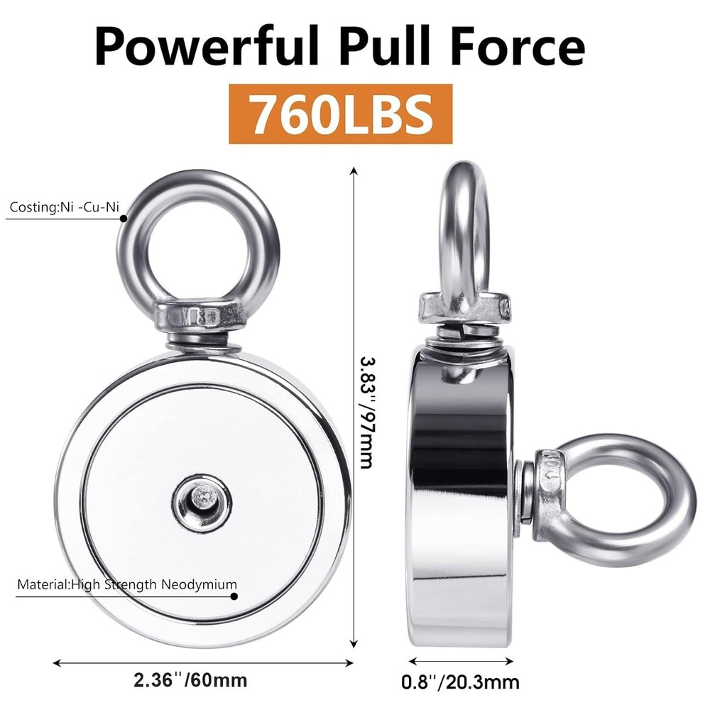 Magnet Fishing Kit 760 LBS Pulling-Includes Grappling Hook 65FT Rope 2.36" Dia