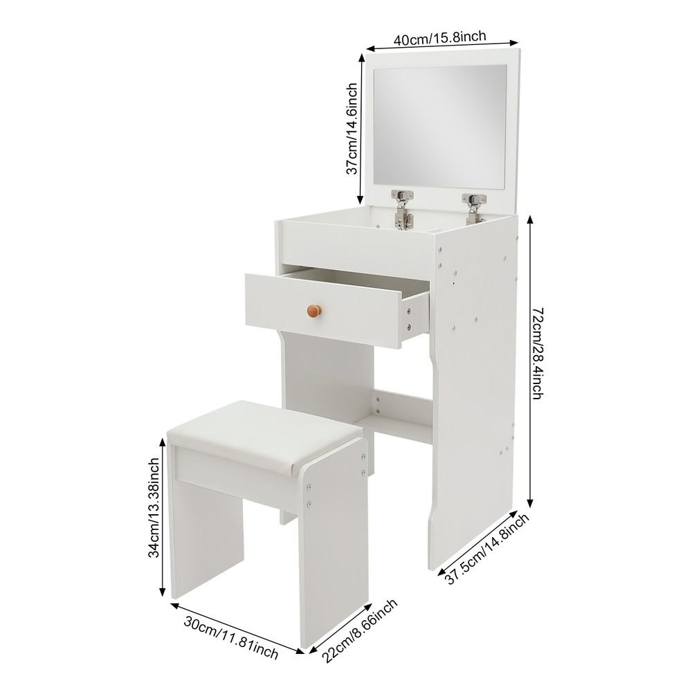 Vanity Table With Mirror, Compact Makeup Vanity W/ Storage Compartments & Stool