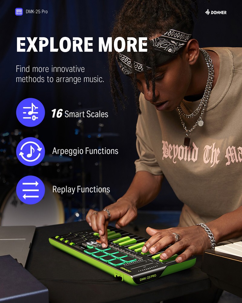 🎹 Donner DMK-25 Pro MIDI Keyboard Controller +Music Production Software | Green