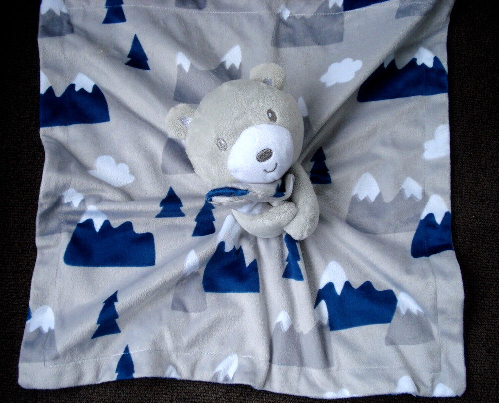 Baby Essentials Plush Blue Gray Bear Security Blanket Mountains Clouds NEW