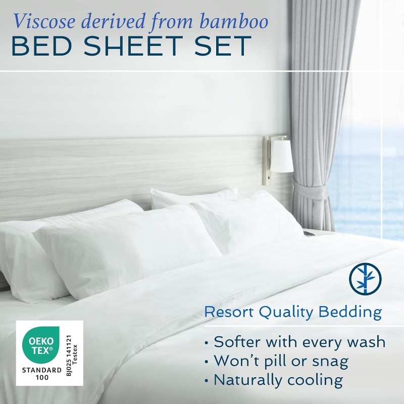 4 Piece Bed Sheet Set Queen Size, 100% Viscose Derived from Bamboo Sheets Set