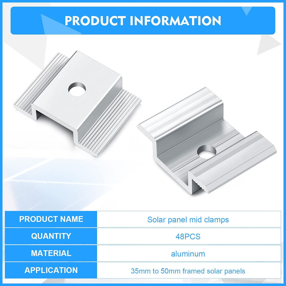 48-Pack 1.06" Solar Panel Mid Clamps – Aluminum Mounting Brackets