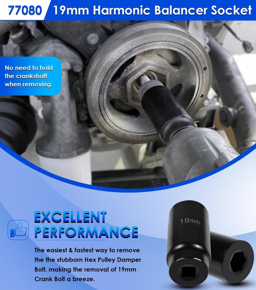 For Honda 19mm Crank Bolt Socket 77080 Harmonic Balancer Socket Tool, 3 Times...