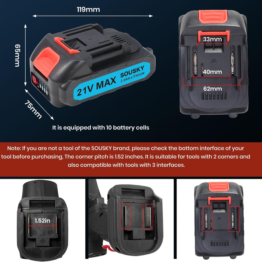 21V Mini Chainsaw Battery 2000mAh with Charger Adapter for Electric Tools