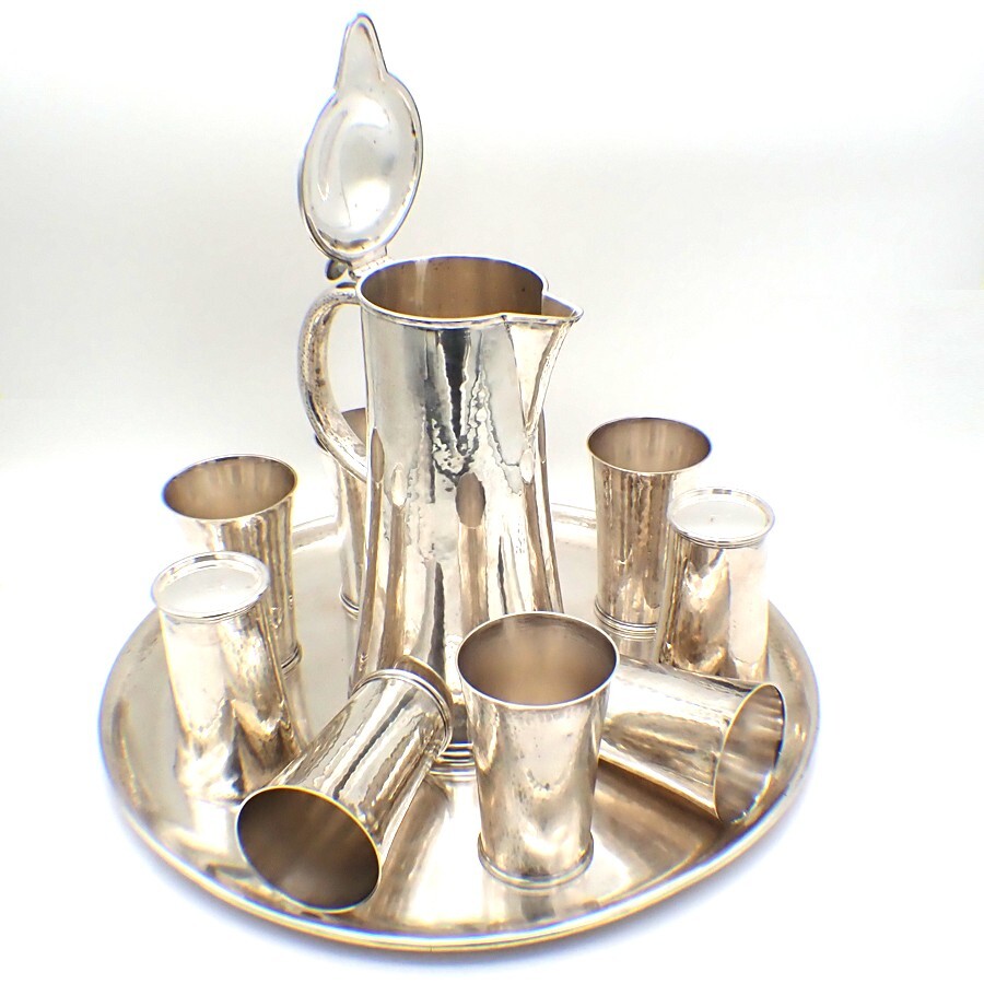 Cocktail Set 8 Cups Tray Pitcher German 835 Silver Hammered
