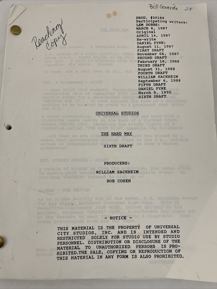 ORIGINAL MOVIE SCRIPT- THE HARD WAY- 1990- ROB COHEN