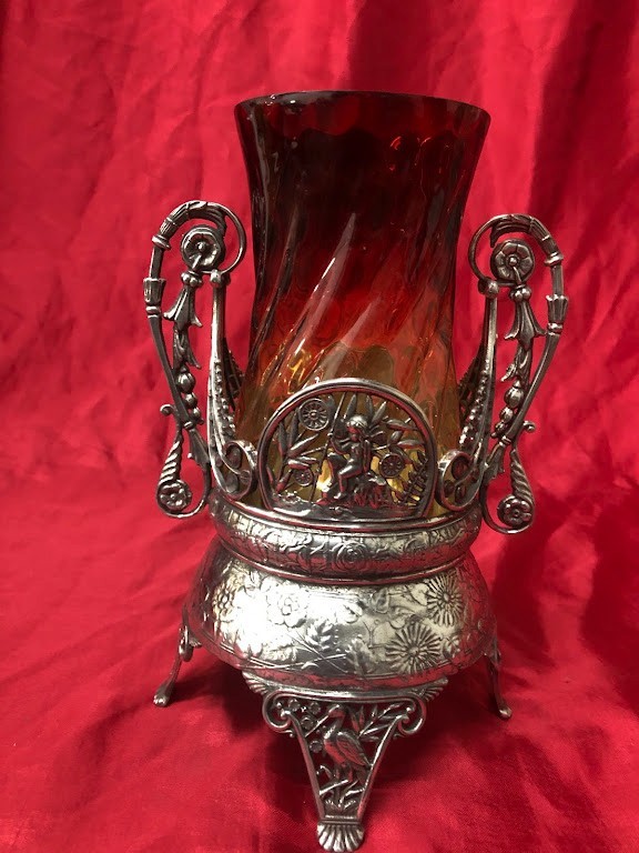 Antique Multi-Colored Glass Celery Vase & Silverplated Castor