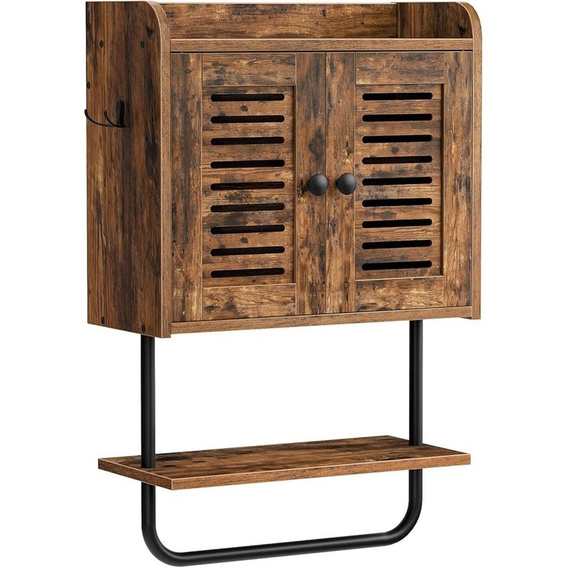Wall Mounted Bathroom Cabinet W/ Shutter Doors Adjustable Shelf & Hooks New
