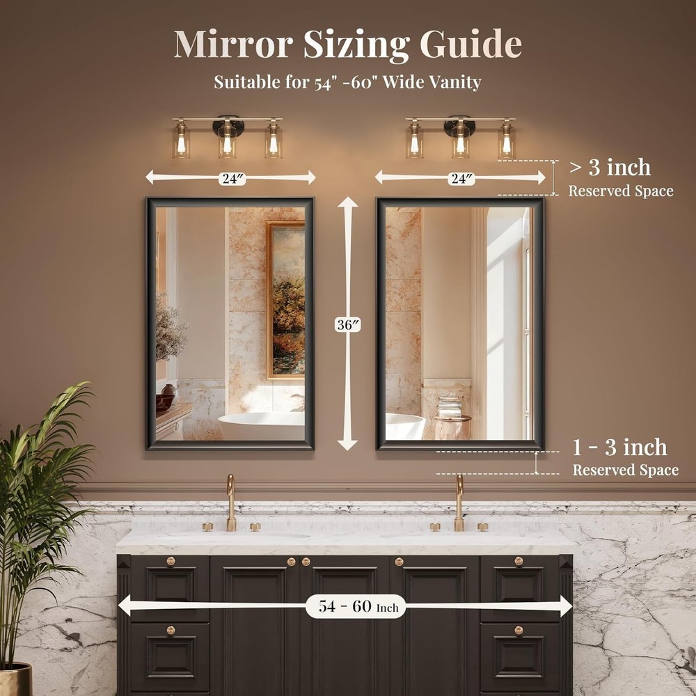 USHOWER 2-Pack 24x36" Black Bathroom Mirror Metal Frame Rectangle Vanity Mirror