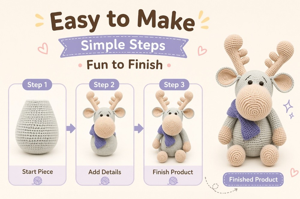 Reindeer Crochet Kit for Beginners Amigurumi DIY Set with Video Tutorial