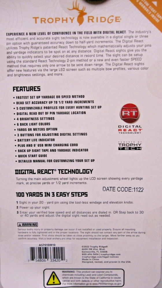 Trophy Ridge Digital React 1 Pin .010, RH, Slider Bow Sight-New