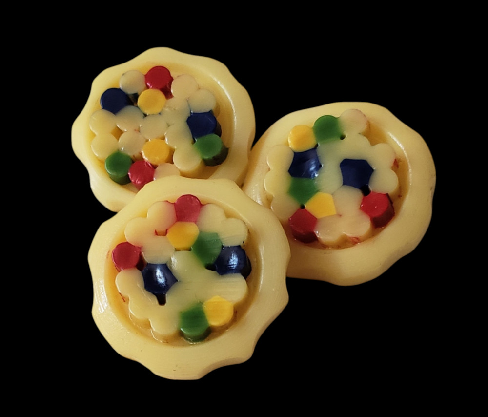 Set of Three Fun Multi-Color, Multi-Component Celluloid Buttons