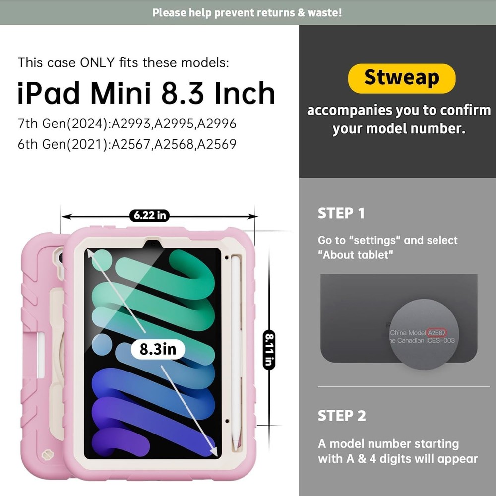 For iPad Mini 6th Gen 8.3 In Case Polycarbonate Shoulder Strap Armor-Pink+White