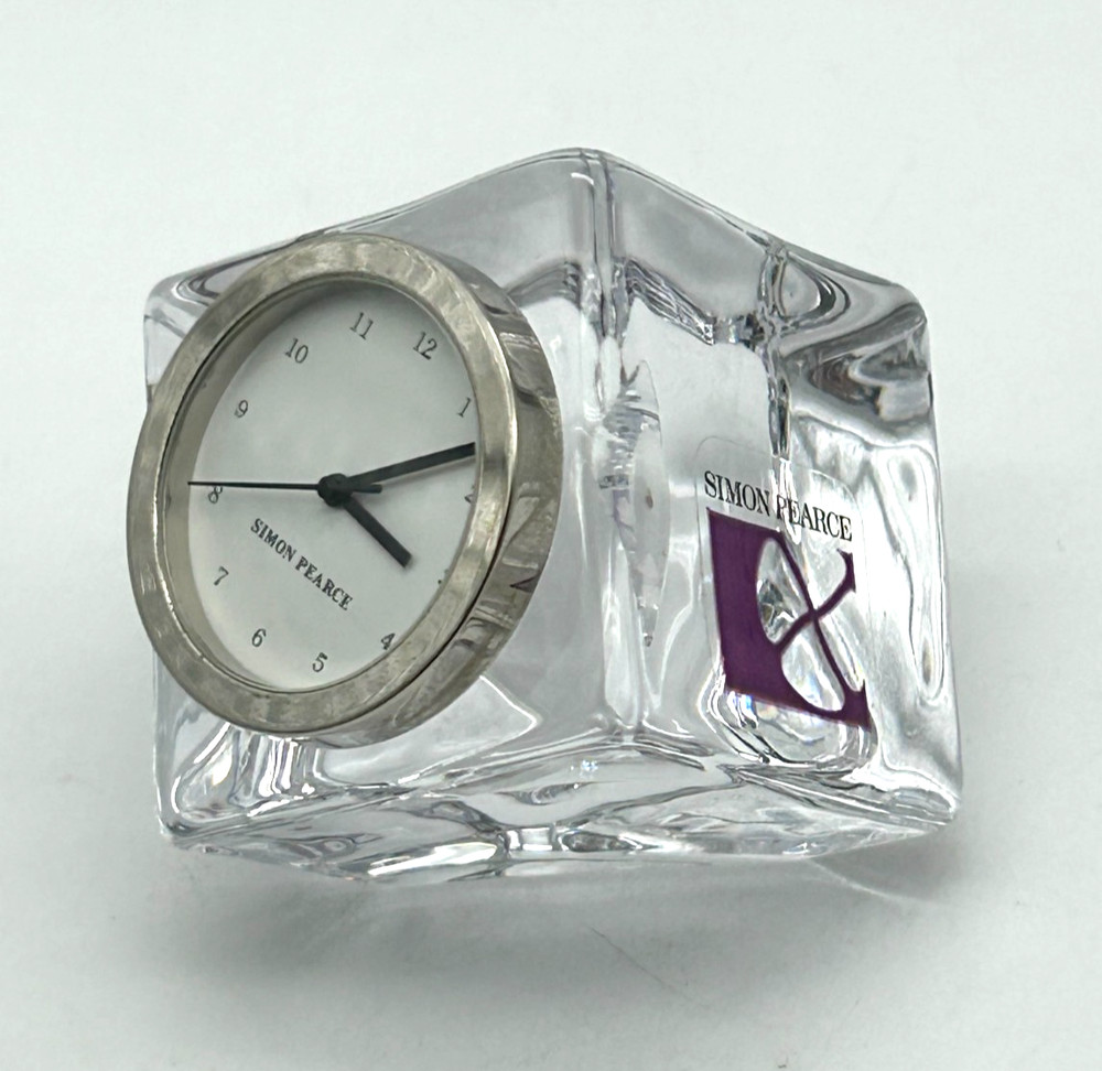 Simon Pearce Clear Glass Small Angled Cube Desk Clock ~ 2" Tall ~ Signed