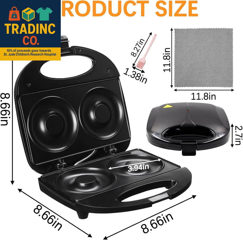 Donut Maker,Doughnut Machine,Bake 2 Donuts,Double-Sided Heating, Non-Stick Surfa