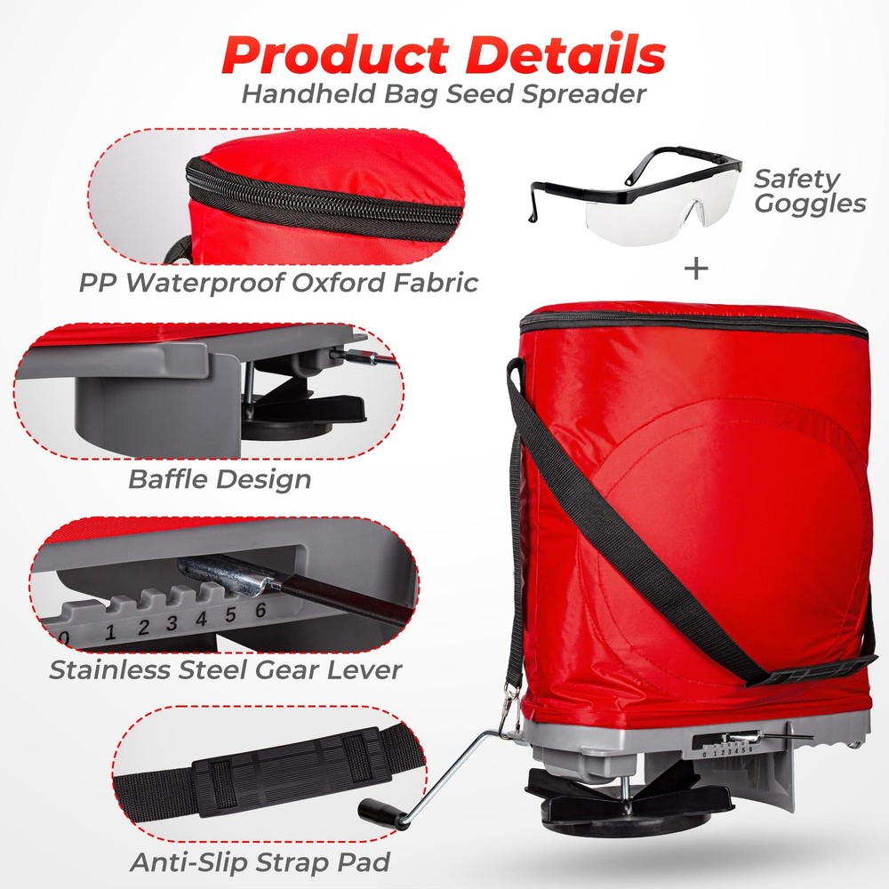 Handheld Seed Spreader with 25lb Bag, Frame Support, Flow Control, Enclosed G...