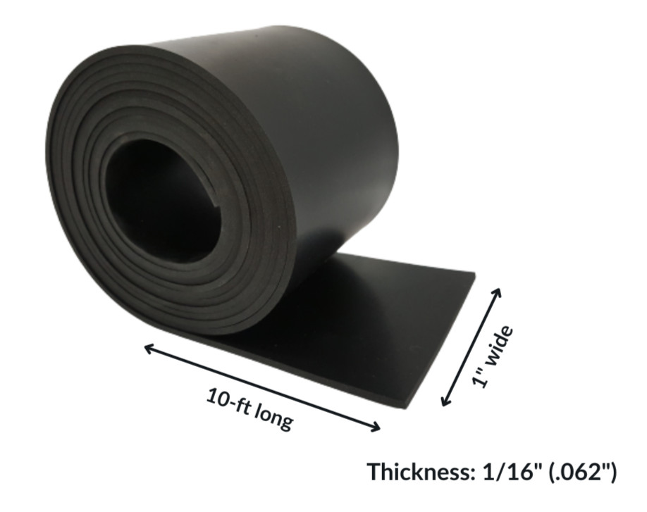 Neoprene Solid Rubber Roll  1/16 Thick x 1" wide x 10 ft Long, 60A Duro Black