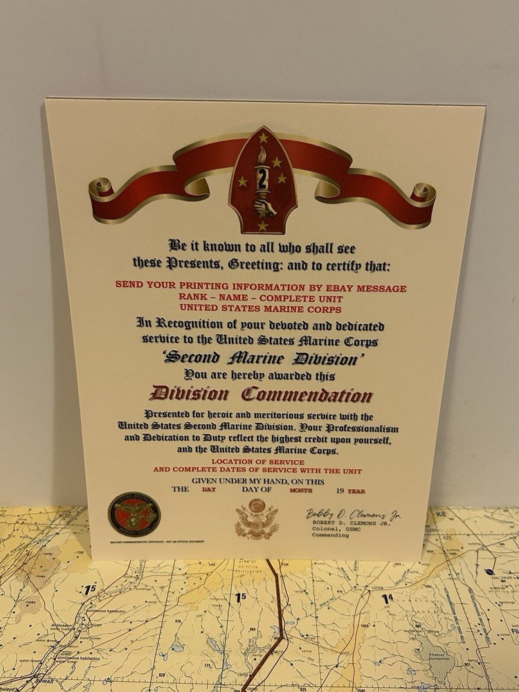 U.S.M.C. / 2ND MARINE DIVISION ~ DIVISION COMMENDATION REPLACEMENT CERTIFICATE