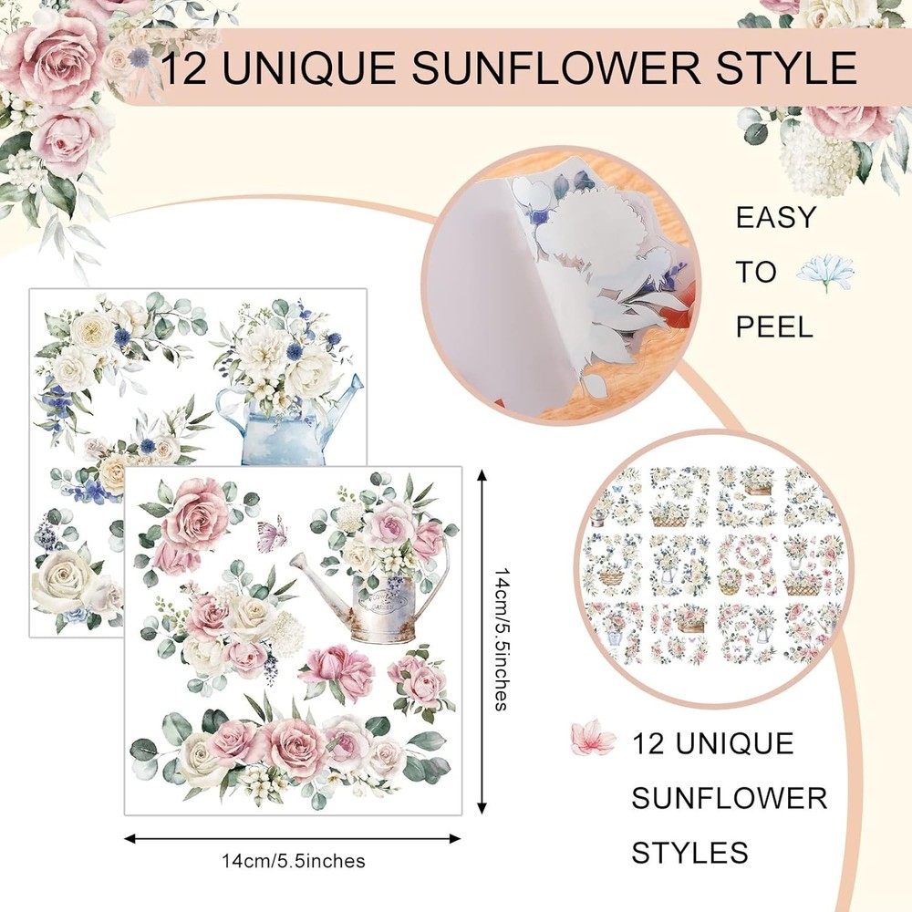 Artistic 12 Sheet White Rose Transfer Decals - Versatile for DIY Home Projects