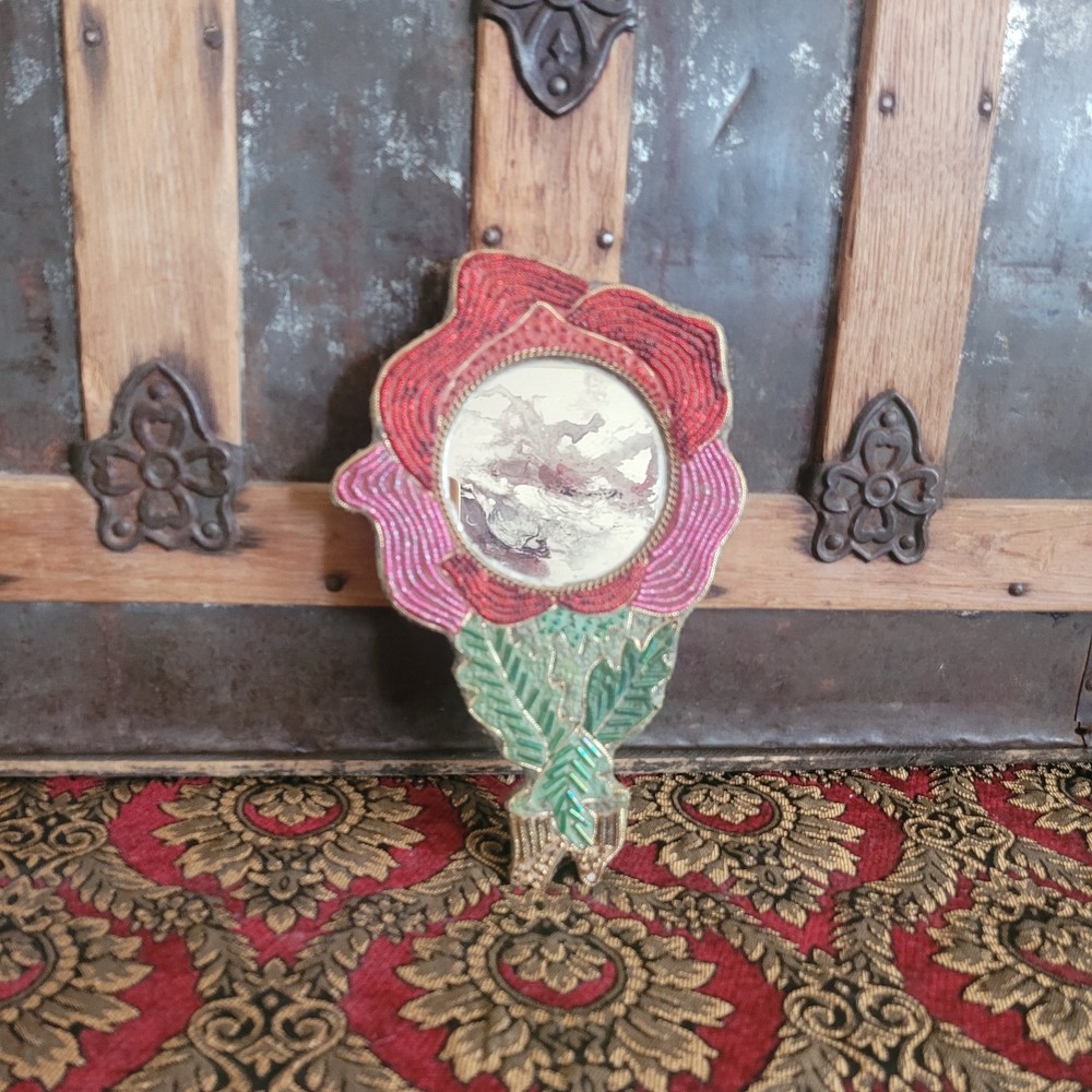 Antique Beaded Rose Vanity Hand Mirror