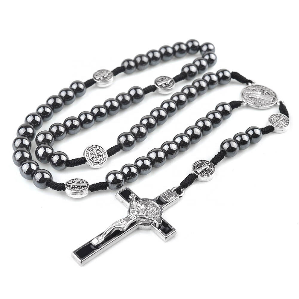 Saint St Benedict Holy Medal 15" Cord Rosary Large 8mm Hematite Beads Black