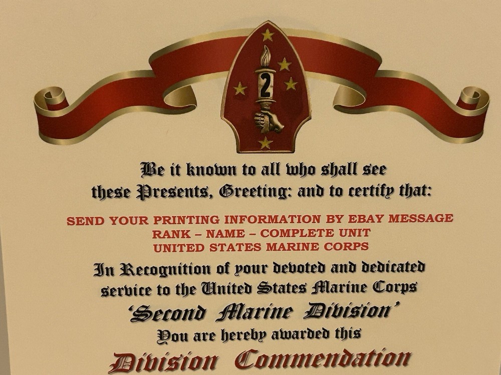 U.S.M.C. / 2ND MARINE DIVISION ~ DIVISION COMMENDATION REPLACEMENT CERTIFICATE