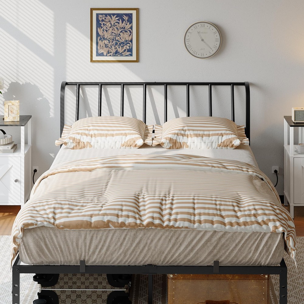 Queen Size Metal Headboard with Power Strips and Adjustable Angle