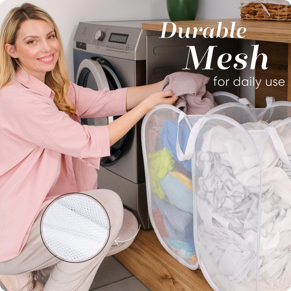 Handy Laundry Mesh Popup Hamper - Two Compartments, Double Hamper, White