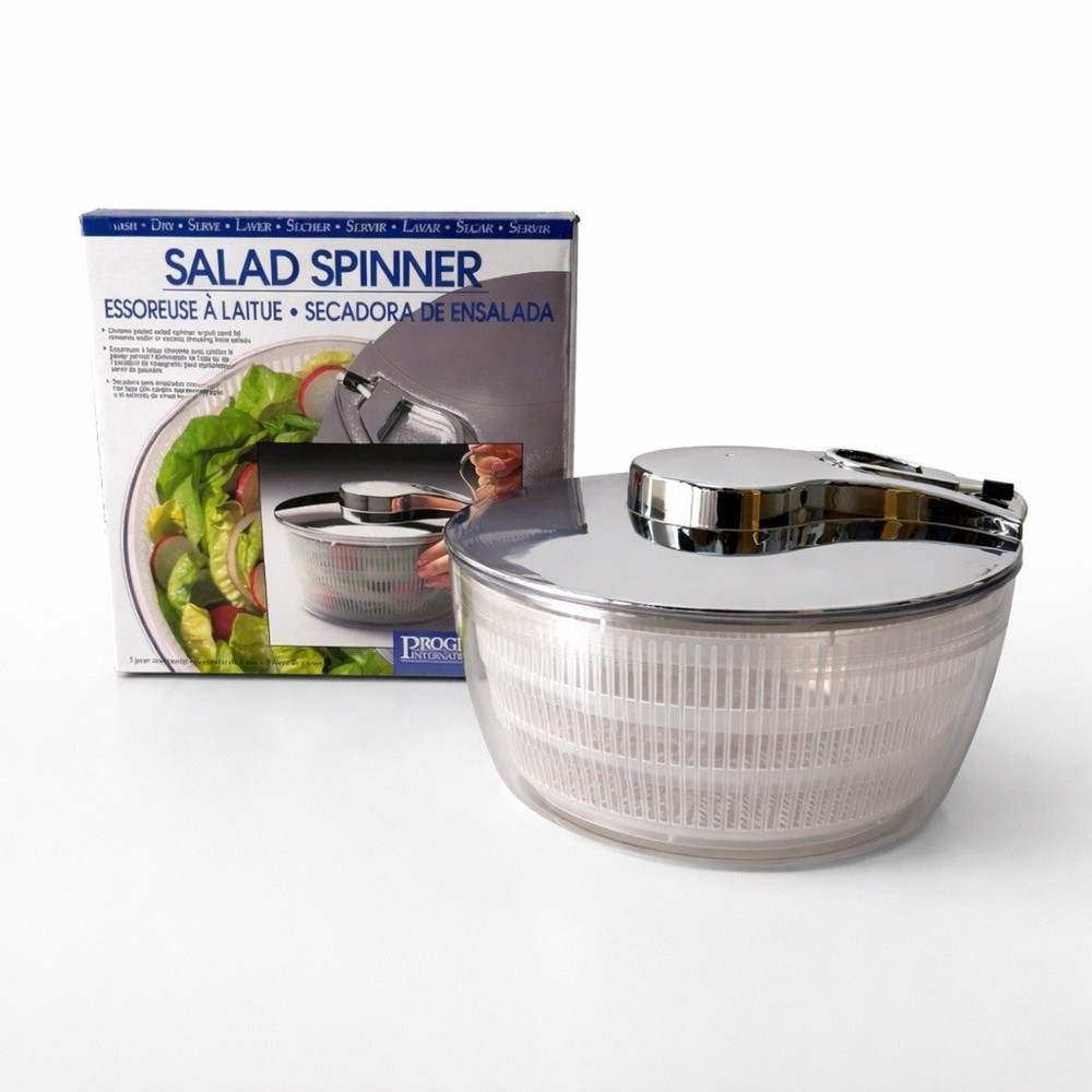 VINTAGE PROGRESSIVE LARGE SALAD SPINNER PULL ROPE CORD SPIN RETRO CHROME CLEAR