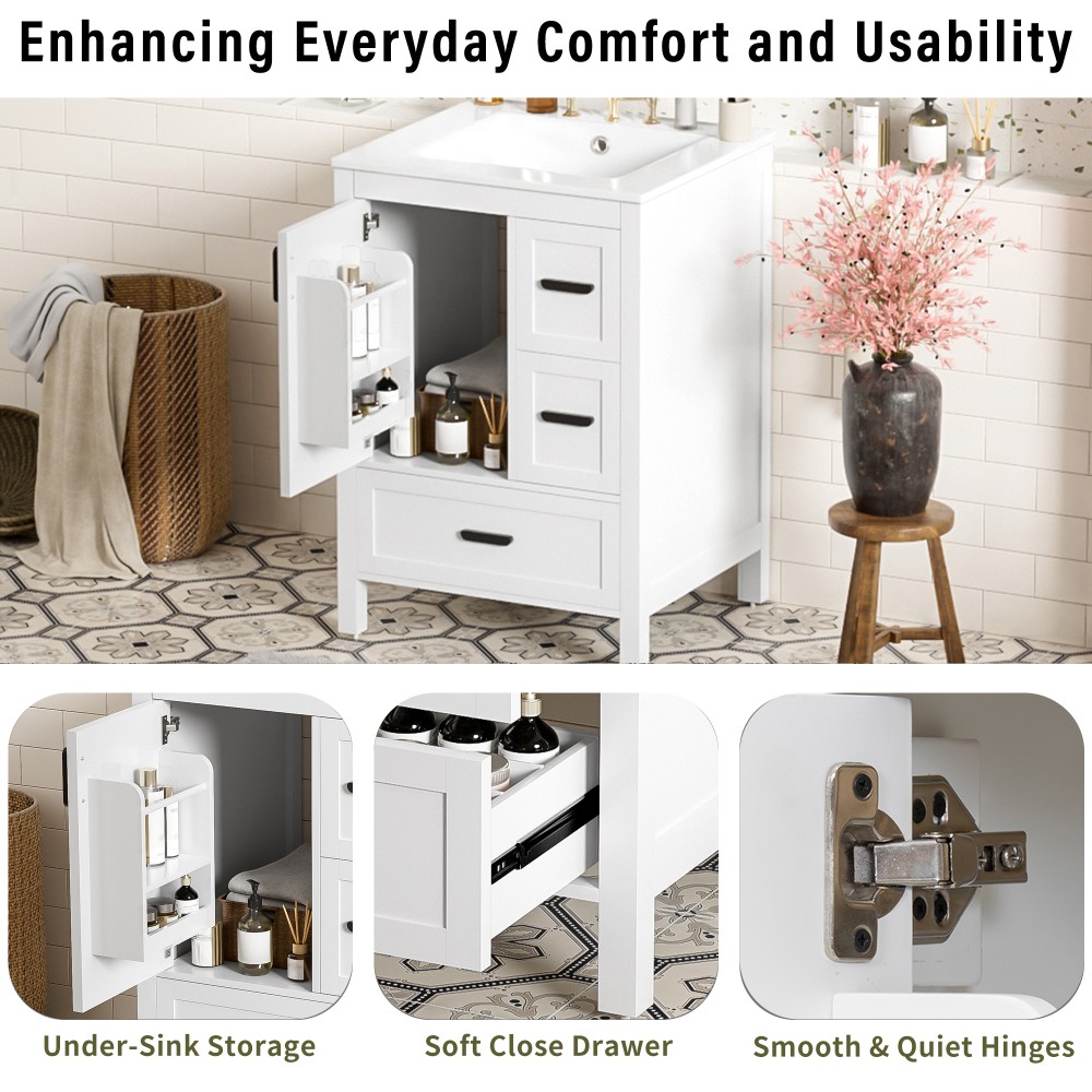 Bathroom vanity with sink Features double-door cabinet Includes three drawers