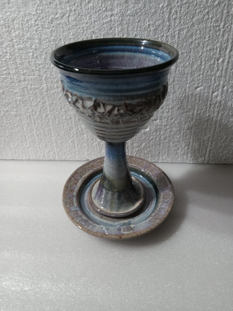 Ceramic Stoneware Chalice & Paten Set Scripture/Crown Thorns Pastel Blue Signed