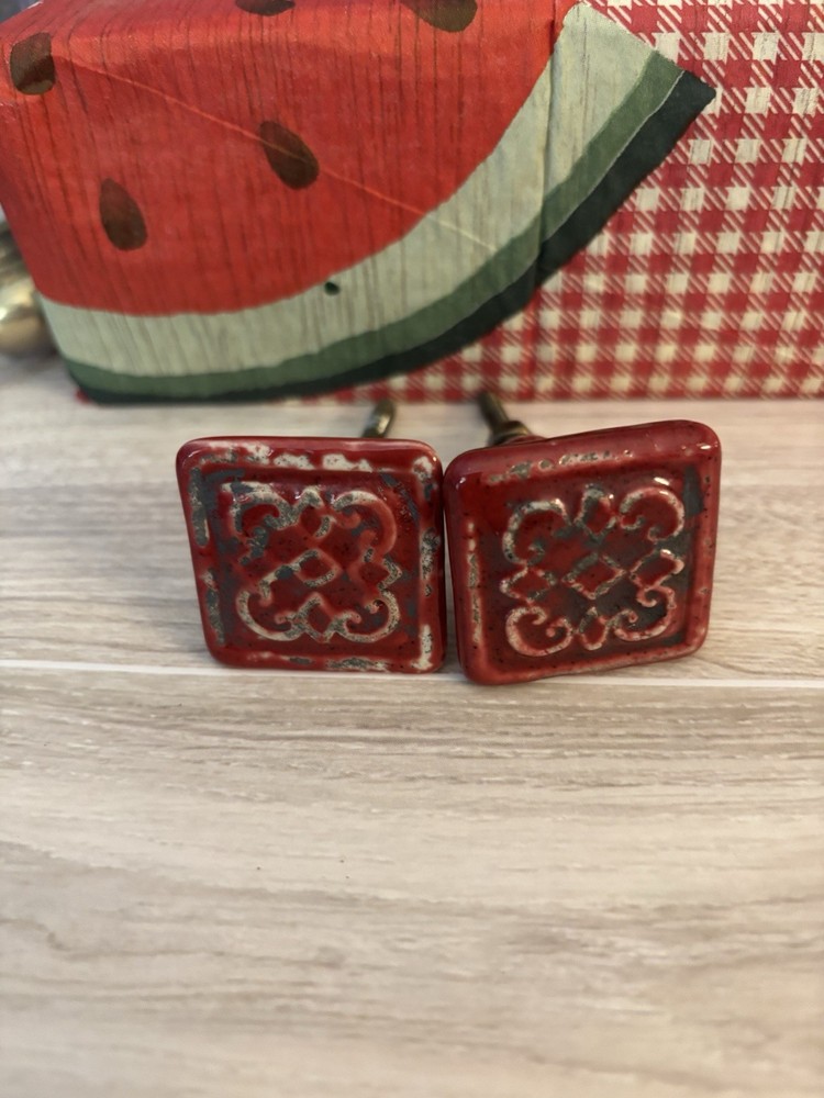 Antique Ceramic Red Distressed Drawer Pull Knob