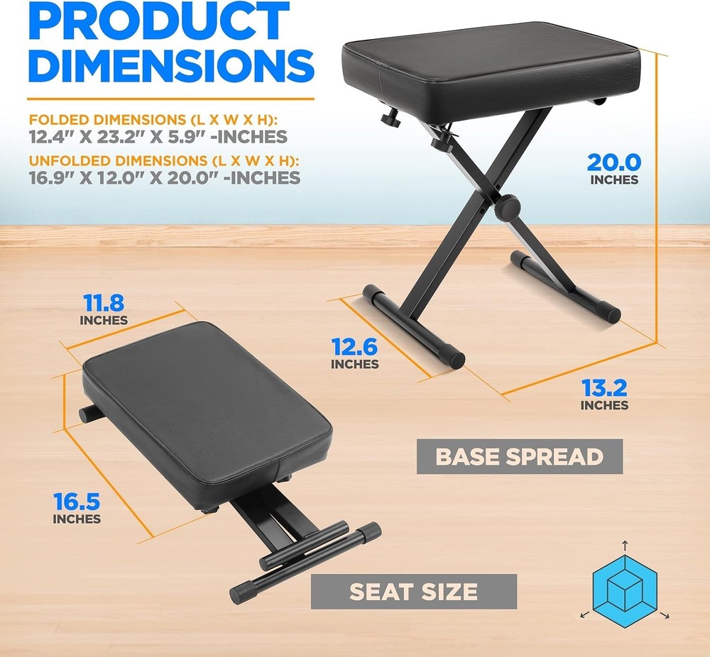 Adjustable Padded Keyboard Bench – Folding X-Style Keyboard Bench