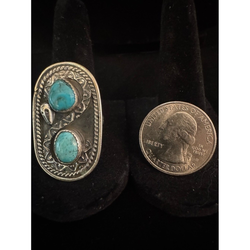 Sterling Silver Double Turquoise Statement Ring - Turquoise Blue native design