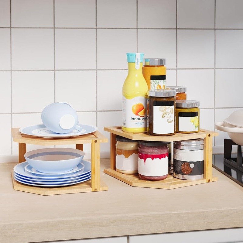 Bamboo Plate Organizer Adjustable Kitchen Corner Shelf Durable Dish Rack Storage