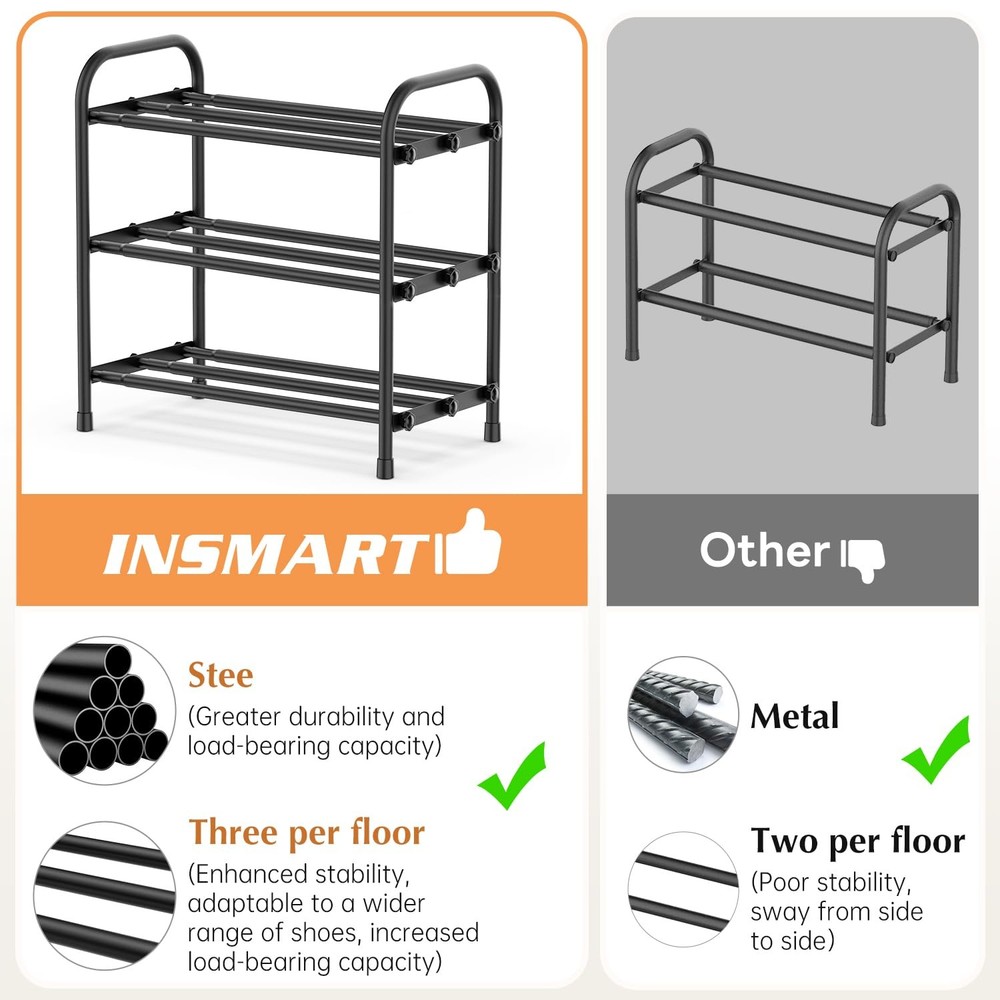 3-Tier Expandable Shoe Rack, Stackable and Adjustable Shoes Organizer Storage...