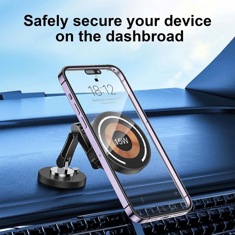 Magnetic Car Phone Mount with 15W Wireless Charging for iPhone Android Devices