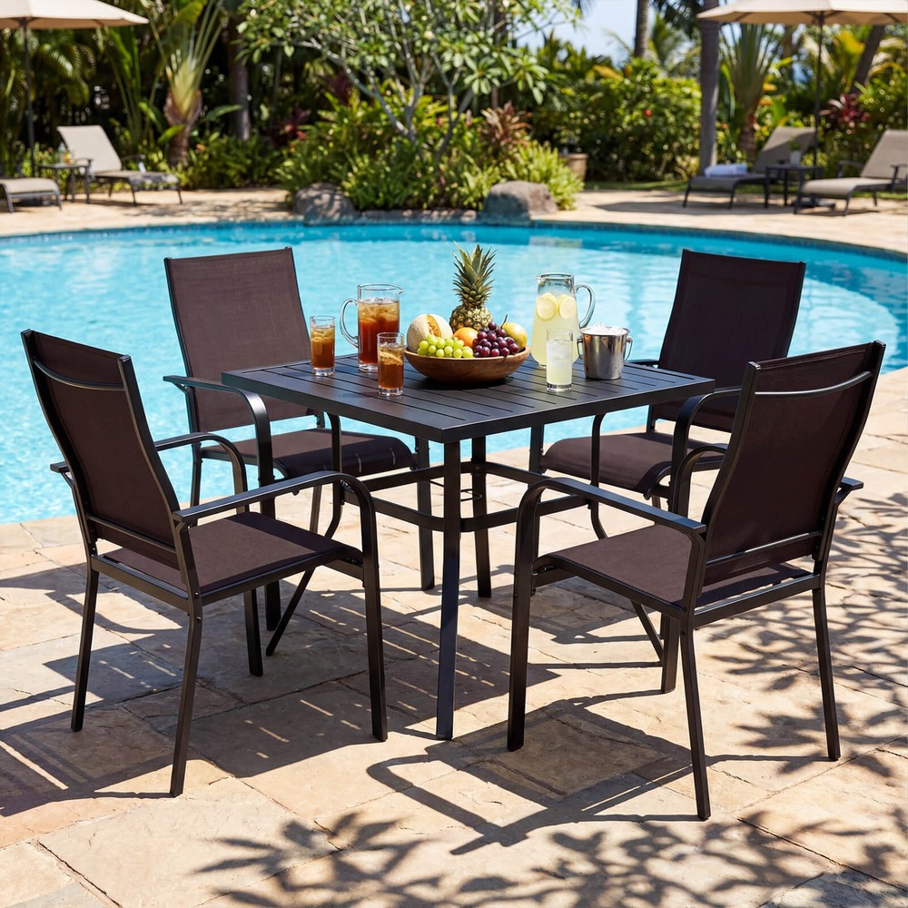 5PCS Patio Dining Set, Outdoor Square Table & Stackable Chairs w/Umbrella Hole