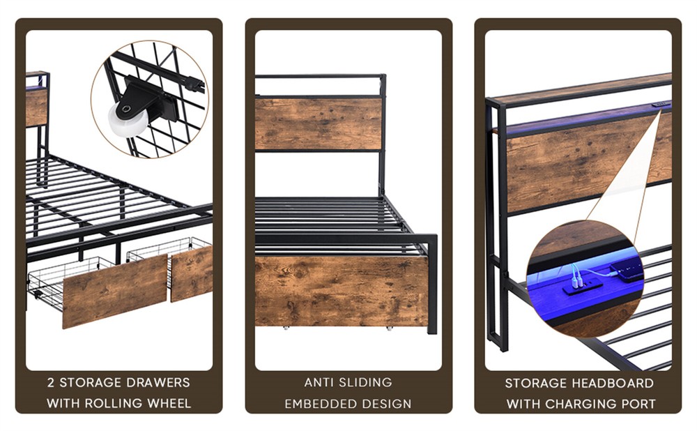 Queen Size Bed Frame with Storage Headboard & 2 Drawer Metal Platform Bed New