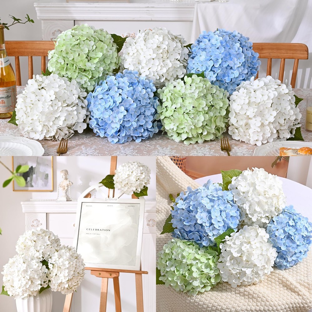 6 Pcs White Hydrangea Artificial Flowers Latex Real Touch Hydrangea, 21 inch ...