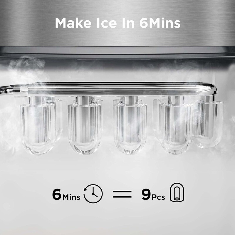 Countertop Ice Maker 9 Cubes in 6 Mins Self-Cleaning Quiet Operation Two Sizes