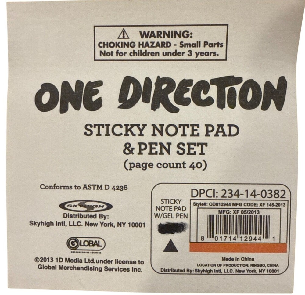 One Direction 2pc Set GROUP Sticky Note Pad & Pen 40 Pages Official Merchandise